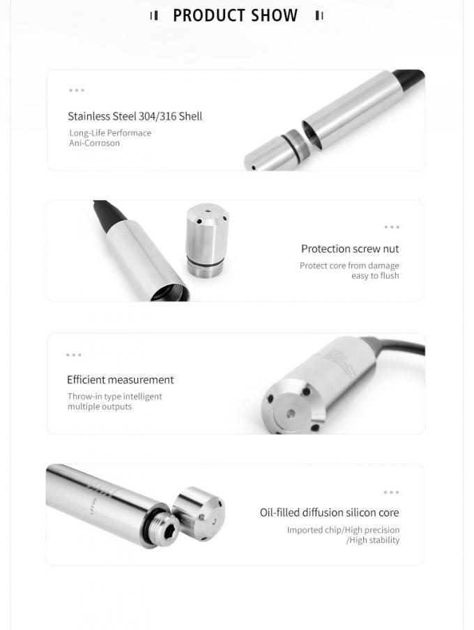 Ρούτζια 4-20ma Υποβρύχιος αισθητήρας επιπέδου υγρού Δείκτης μεταδότης Υδροστατικοί αισθητήρες επιπέδου νερού για επεξεργασία λυμάτων 2